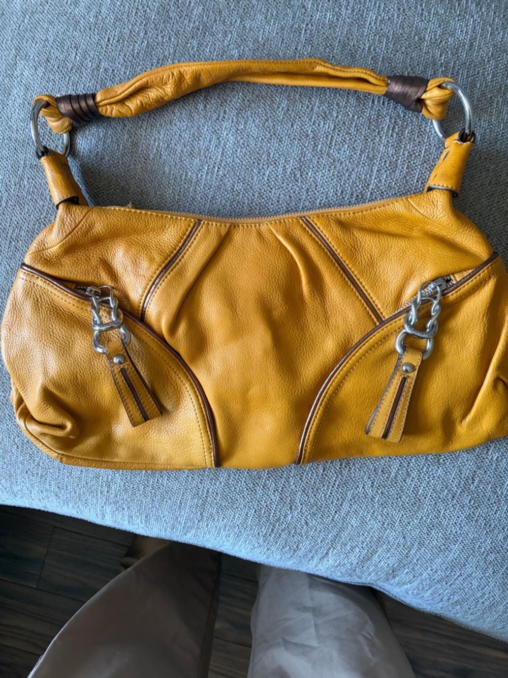 B. Makowsky Mustard Yellow Leather Shoulder Bag with Silver Hardware